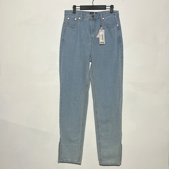 NEW Boohoo Light Blue High Waist Split Hem Denim Jeans Size 8 - Picture 2 of 12